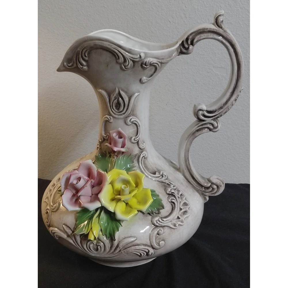 Vintage Capodimonte Italy Porcelain Floral Pitcher Vase Crowned N Rose Large 14
